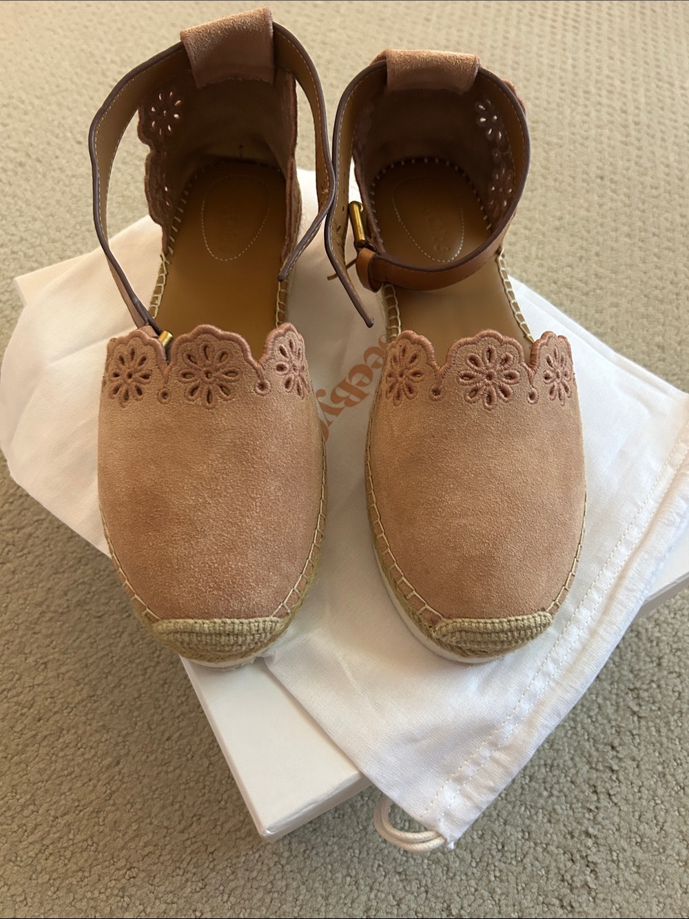 See By Chloe Suede Espadrille Flats with Scalloped Floral Trim